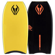 Load image into Gallery viewer, Two bodyboards shown side by side on a plain white background: one in bright yellow with a black logo and trim, and one in black with an orange logo and trim. Both show the same stylized BP logo and the text BP Bodyboards.