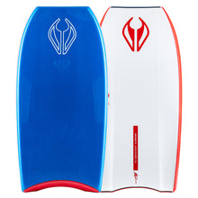 Load image into Gallery viewer, Blue and white bodyboard with red accents on a white background