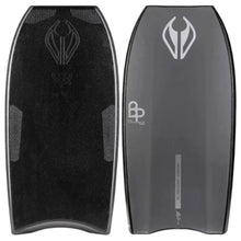 Load image into Gallery viewer, Front and back views of a black bodyboard with a dark gray grip tape surface, featuring a stylized wing logo and 'BP' branding.