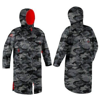 Camouflage waterproof poncho with red accents and 'Osprey' branding on a white background