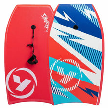 Load image into Gallery viewer, Red and blue bodyboard with a logo on a white background