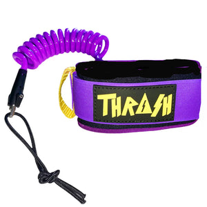 Purple leash with yellow 'Thrash' logo on a white background