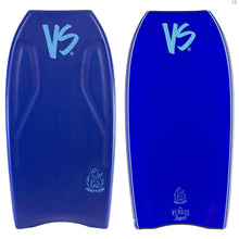 Load image into Gallery viewer, Two blue bodyboards shown side by side against a white background, one displaying the front and the other the back. Both feature a light blue 'VS' logo at the top and a small flame logo near the bottom.